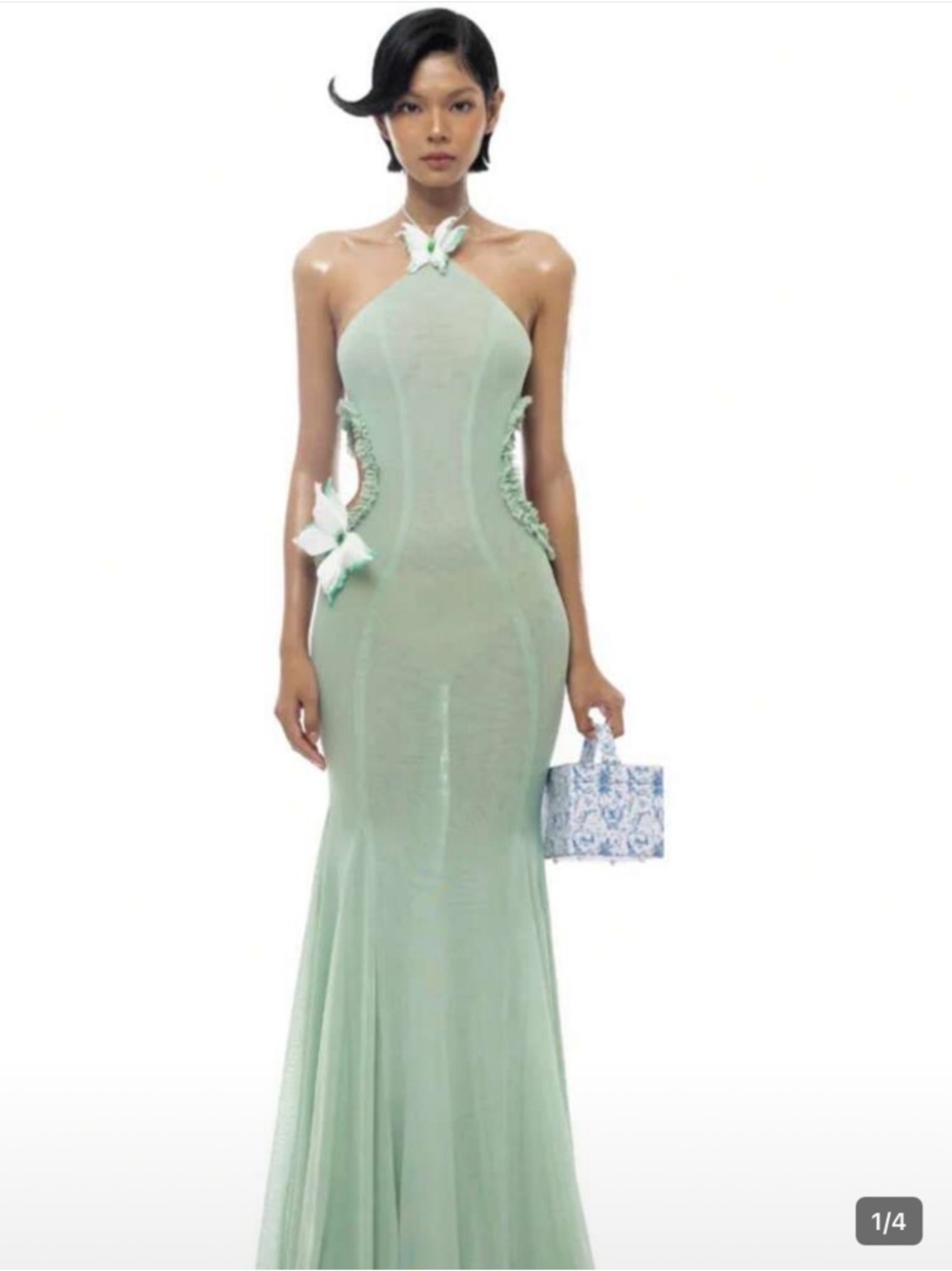 Mint Green Halter Mermaid Evening Dress with Butterfly Accents